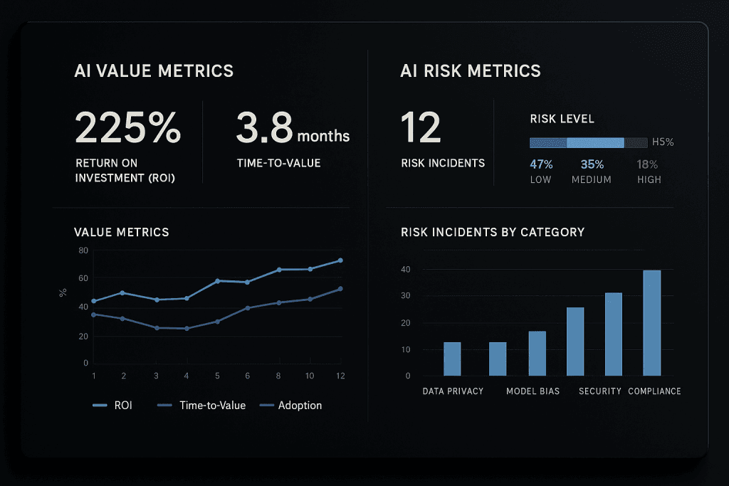 Leadership in an AI world: dashboard showing AI value and risk metrics